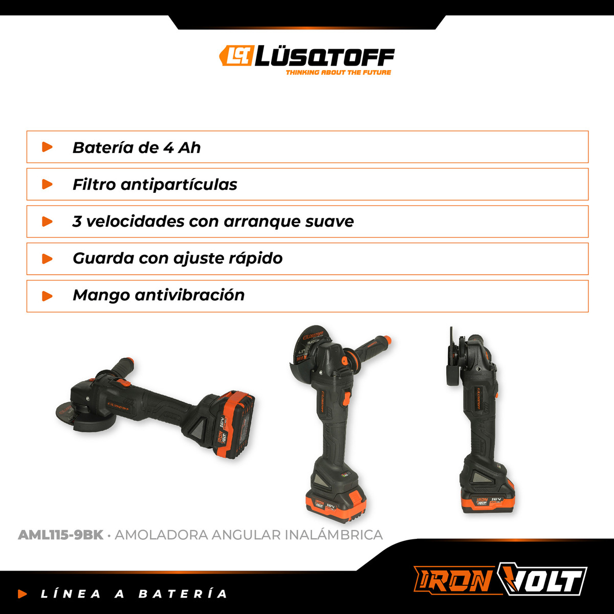 Amoladora Angular Inalambrica Lusqtoff Black Series 2 Bateri Color Negro Frecuencia 18 V - Imagen 10