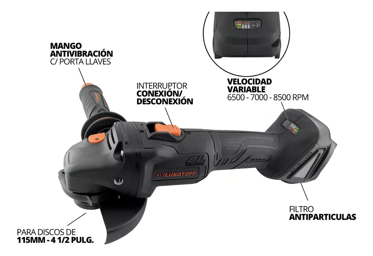 Amoladora Angular Inalambrica Lusqtoff Black Series 2 Bateri Color Negro Frecuencia 18 V - Imagen 2