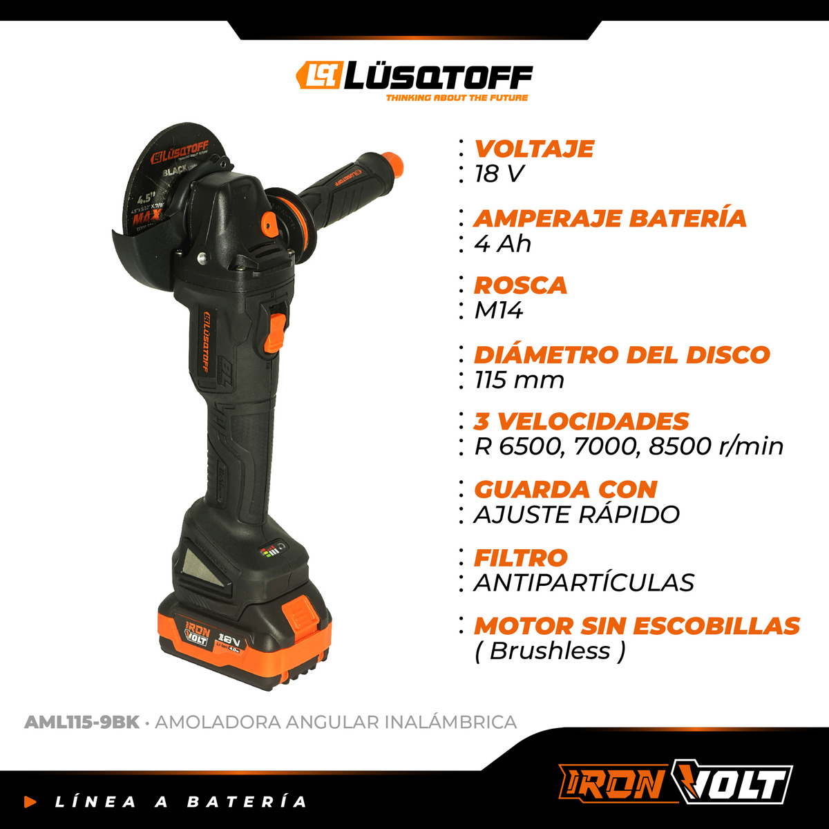 Amoladora Angular Inalambrica Lusqtoff Black Series 2 Bateri Color Negro Frecuencia 18 V - Imagen 8