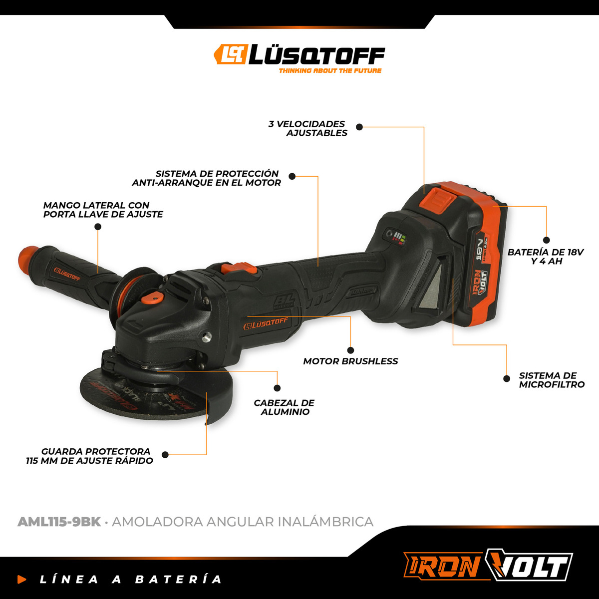 Amoladora Angular Inalambrica Lusqtoff Black Series 2 Bateri Color Negro Frecuencia 18 V - Imagen 9